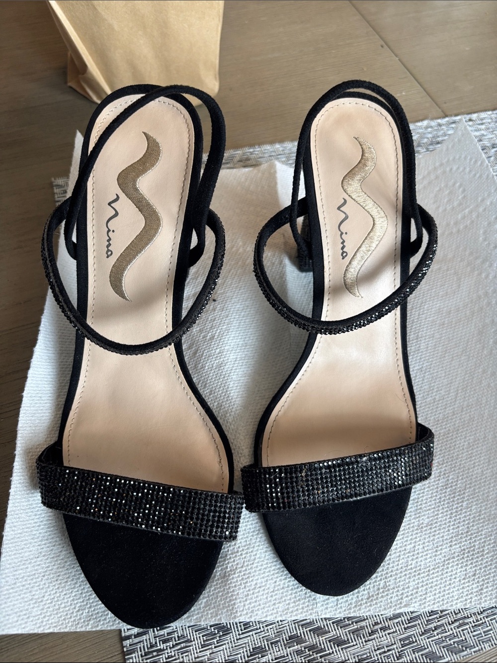 Nina Black Crystal-Strap Open-Toe Heels